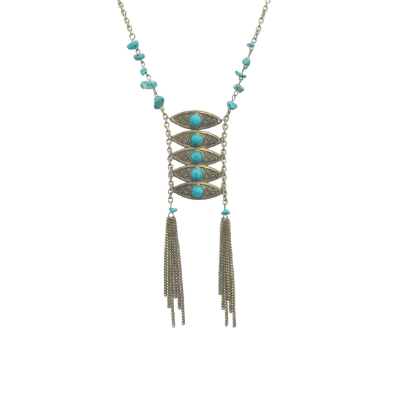 Shyanne Faux Turquoise and Gold Tone Tassel Necklace With Adjustable Length Chai - Picture 2 of 6